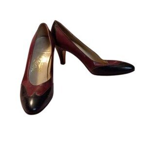 Size 6.5 AA Ferragamo Burgundy Black Leather Heels Italy Leather Sole Vintage